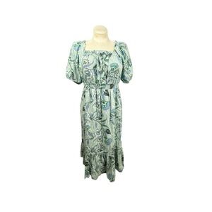 Women's M Loft Maxi Dress‎ Green With Multicolor Floral Print Short Sleeves